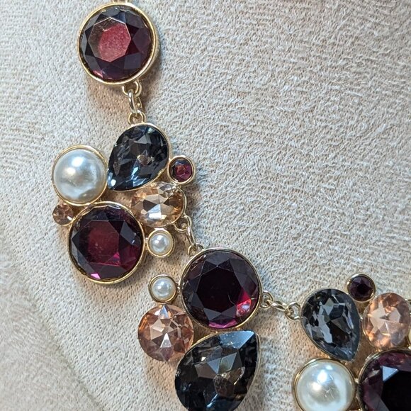 Gorgeous Gold Tone Rhinestone Faux Pearl Choker Necklace Burgundy Gray Peach - Picture 3 of 10